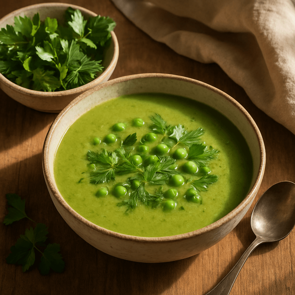 zupa ze świeżych ziół i groszku